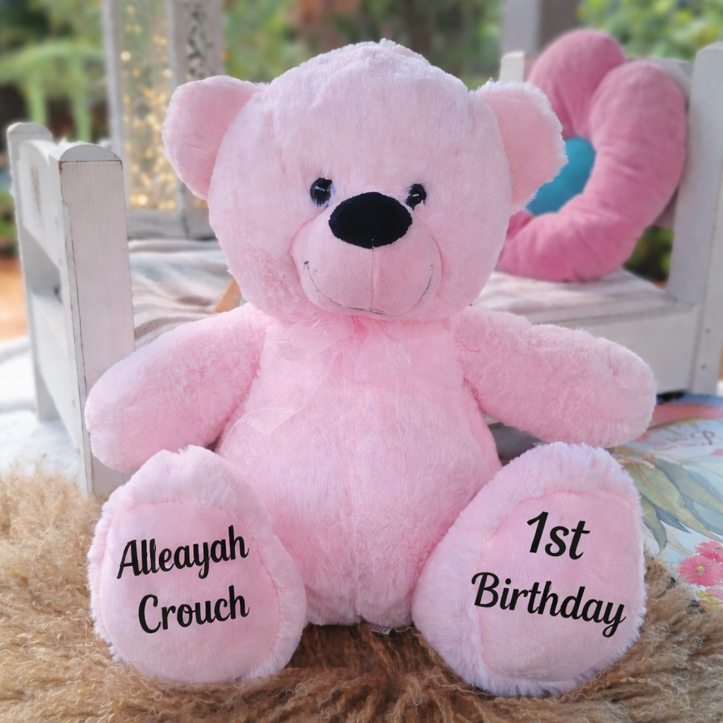 1st Birthday Personalised 30cm Light Pink Bear Message on Feet