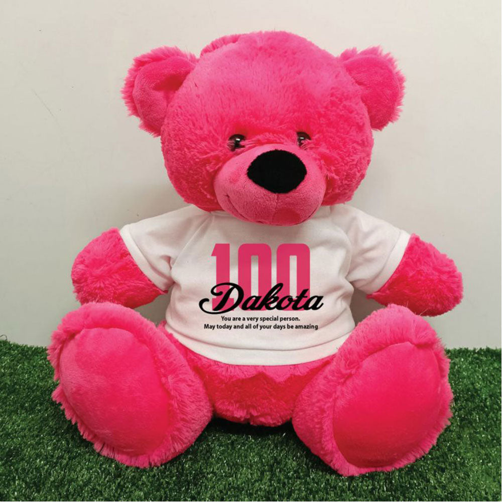 Hot Pink Bear 40cm – 100th Birthday Personalised Shirt