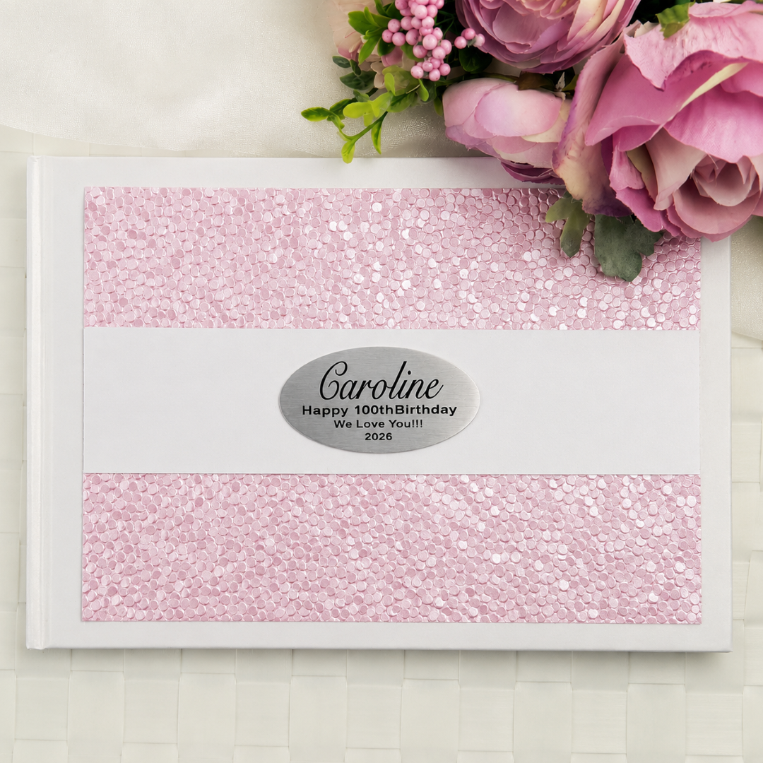 100th Birthday Personalised White Pink Pebble Guest Book with Custom Plaque