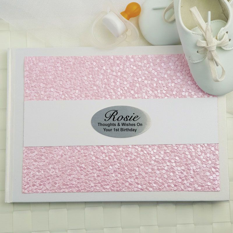 1st Birthday Personalised White Pink Pebble Guest Book with Custom Plaque