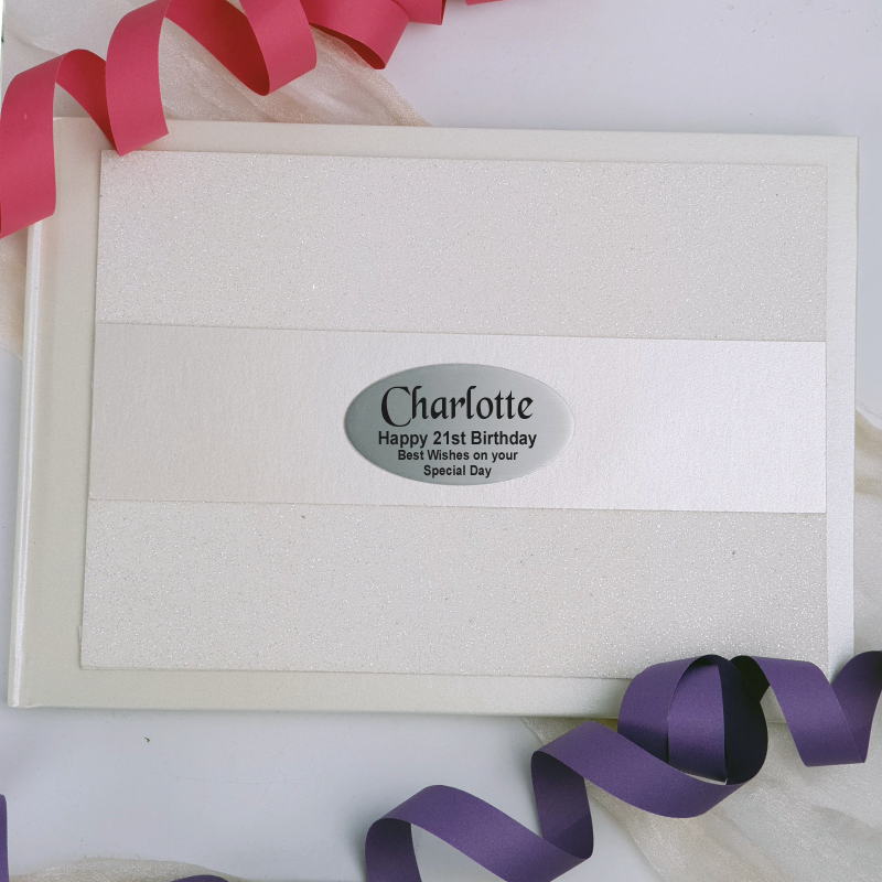 21st Birthday Personalised Cream Glitter Guest Book with Custom Plaque