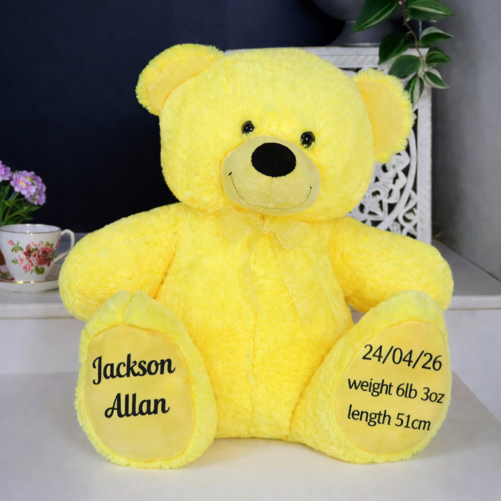 Personalised Yellow Bear 30cm Baby New Born Gift with Message on Feet