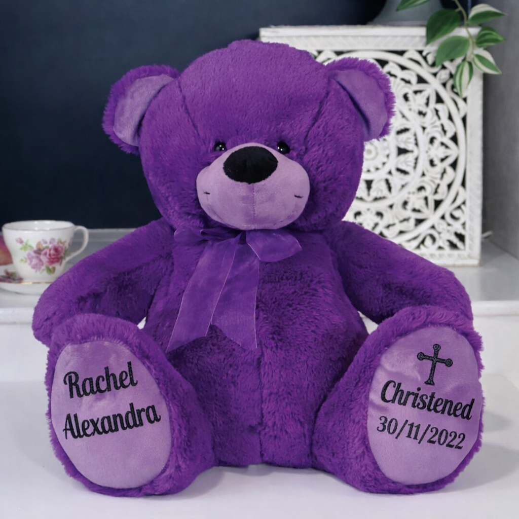 Purple Bear 30cm Christening Gift with Message on Feet