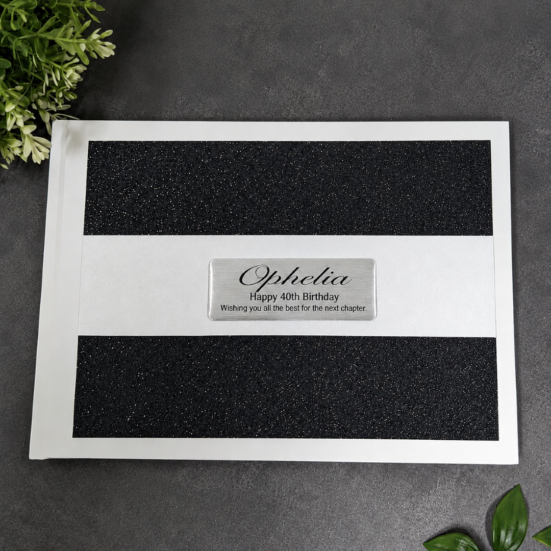 40th Birthday Personalised White Black Glitter Guest Book with Custom Plaque
