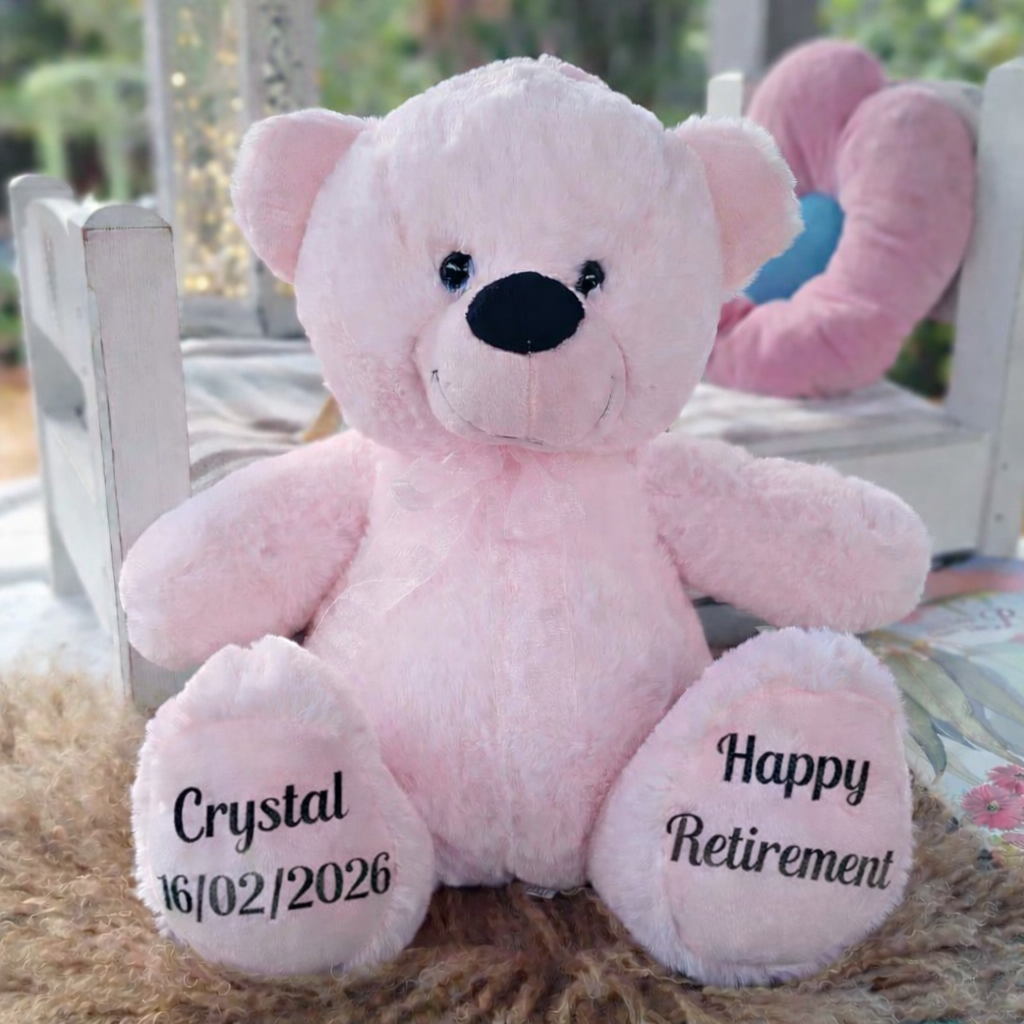 Retirement Light Pink Bear 30cm Personalised Message on Feet