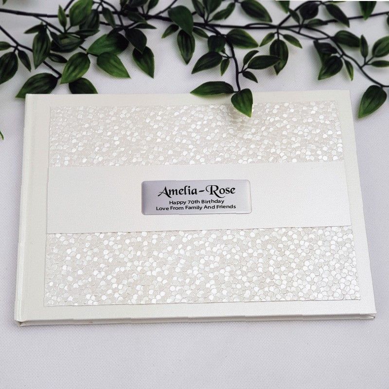 70th Birthday Personalised Cream Pebble Guest Book with Custom Plaque
