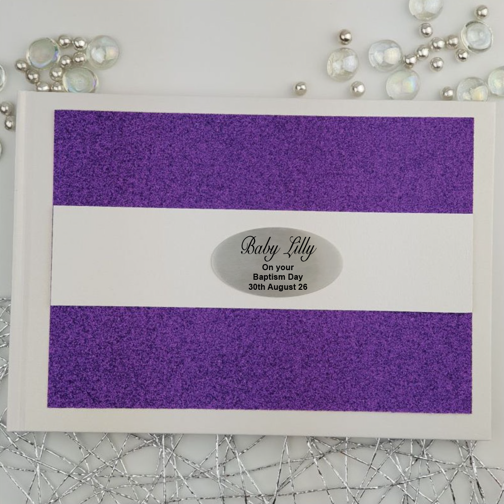 Personalised White with Purple Glitter Guest Book A5 Baptism