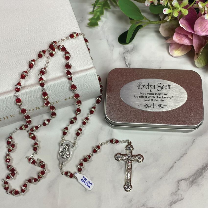 Baptism Red Diamante Rosary Beads Gift Box with Personalised Plaque