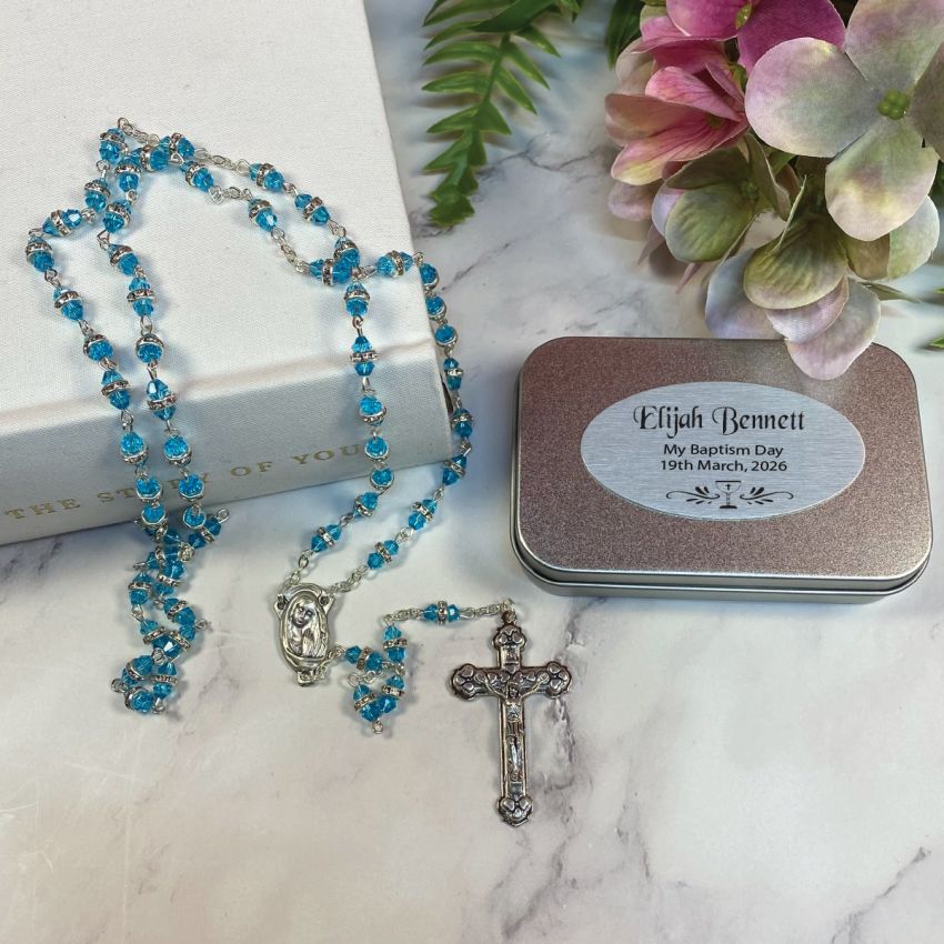 Personalised Aqua Diamante Rosary Beads Gift Box with Plaque for Baptism