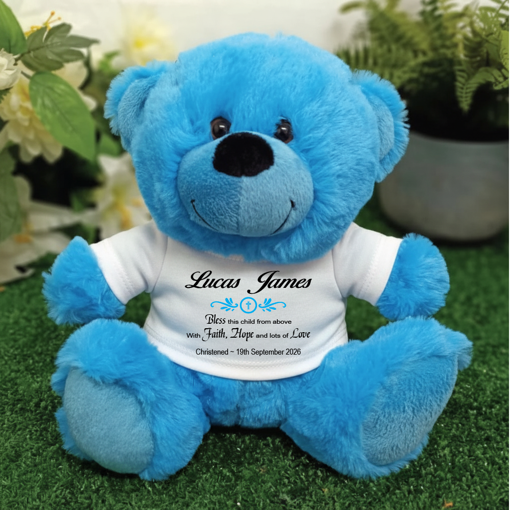 Personalised Bright Blue Christening Teddy Bear – Unique Baptism Keepsake