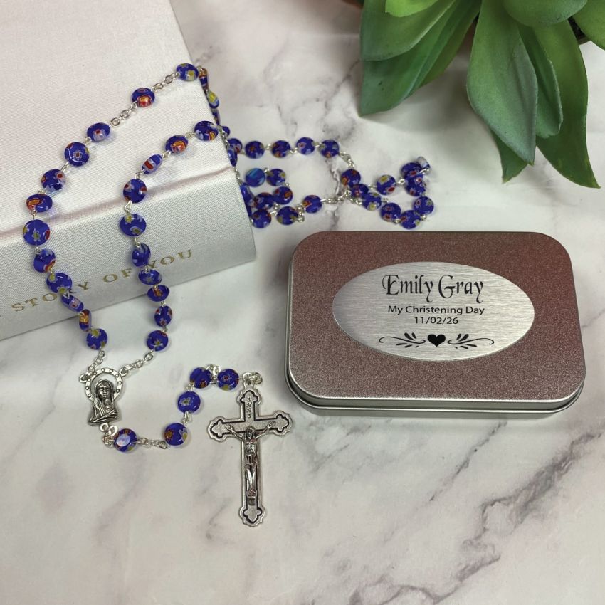 Personalised Blue Murano Rosary Beads Christening Gift Box with Plaque