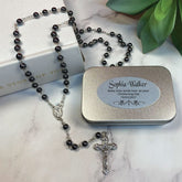 Personalised Hematite Rosary Beads Christening Gift Box with Plaque