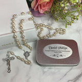 Personalised Pearl Rosary Beads Holy Communion Gift Box with Plaque