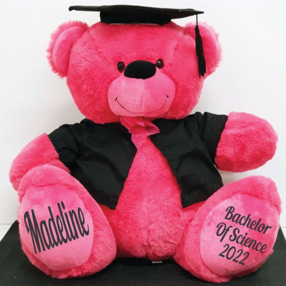 40cm Hot Pink Bear Graduation Gift with Personalised Feet Message