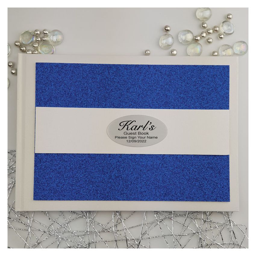 Personalised A5 Retirement Guest and Memory Book – White Book with Blue Glitter