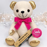 18th Birthday Signature Bear Gold Ears and Feet with Pink Bow and Badge