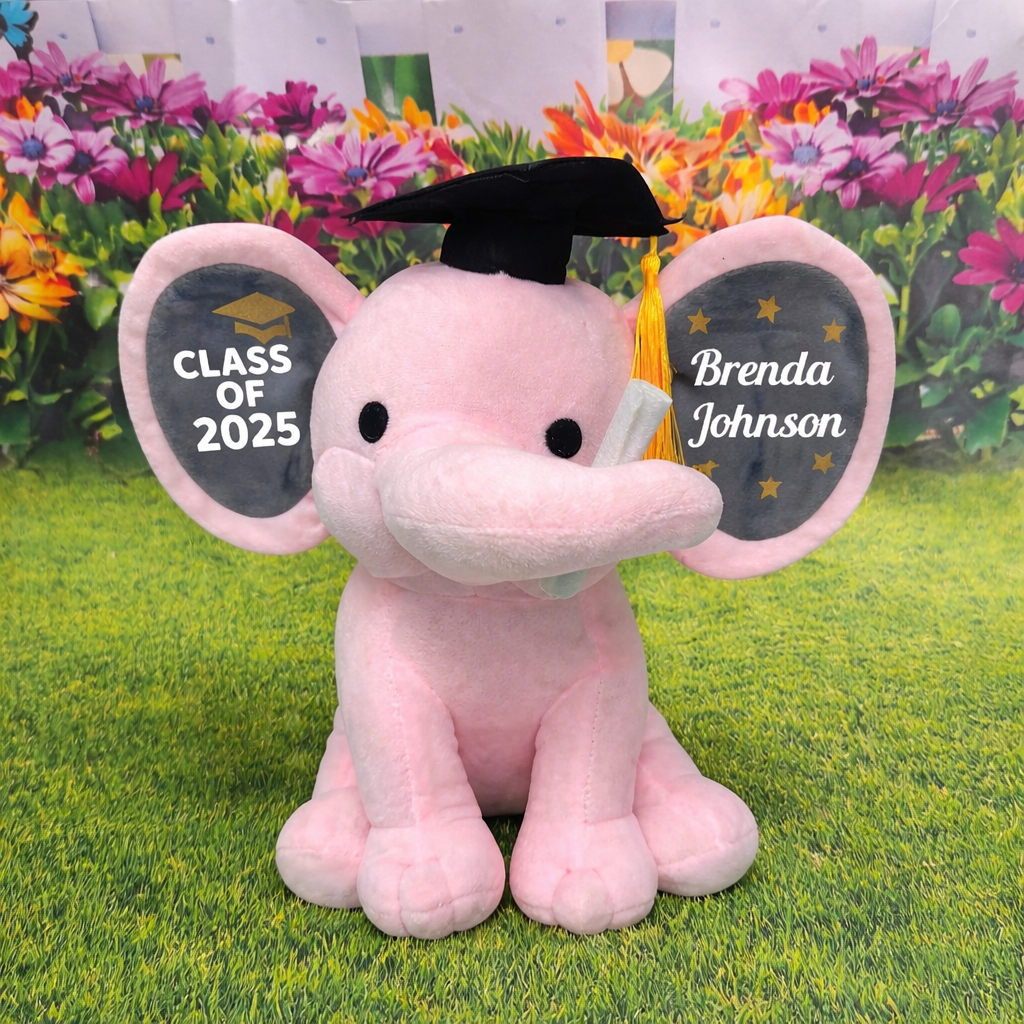 Pink Graduation Elephant with Message on Ears