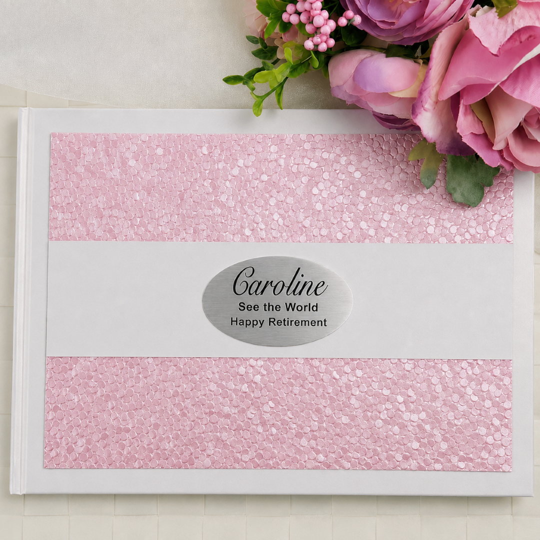 Personalised White Pink Pebble Retirement Guest Book with Custom Plaque