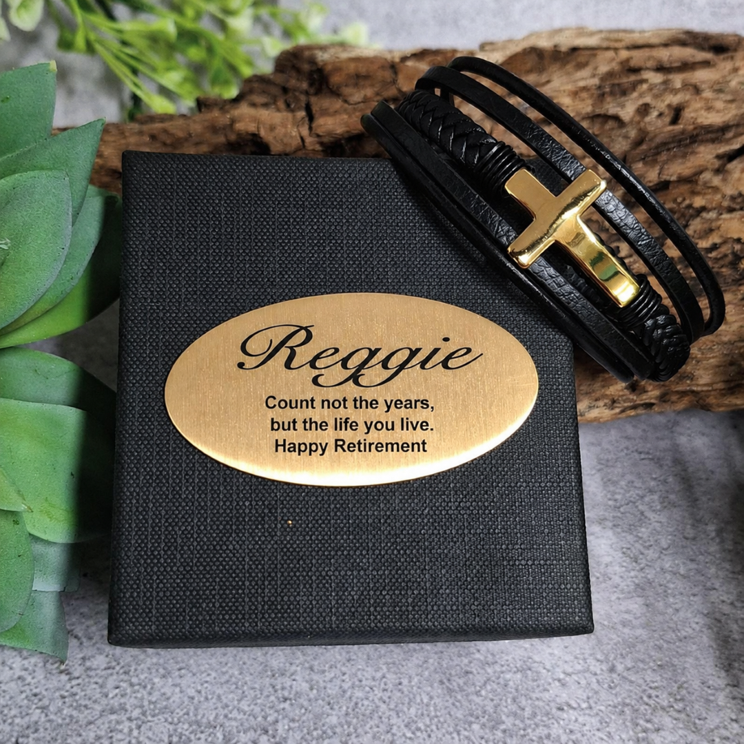 Retirement Gold Cross Stacked Bracelet Gift Box with Plaque