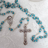 Personalised Aqua Diamante Rosary Beads Gift Box with Plaque for Baptism