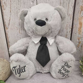 30cm Silver Bear with Black Tie Page Boy Personalised Message on Feet