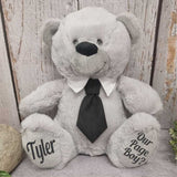 30cm Silver Bear with Black Tie Page Boy Personalised Message on Feet