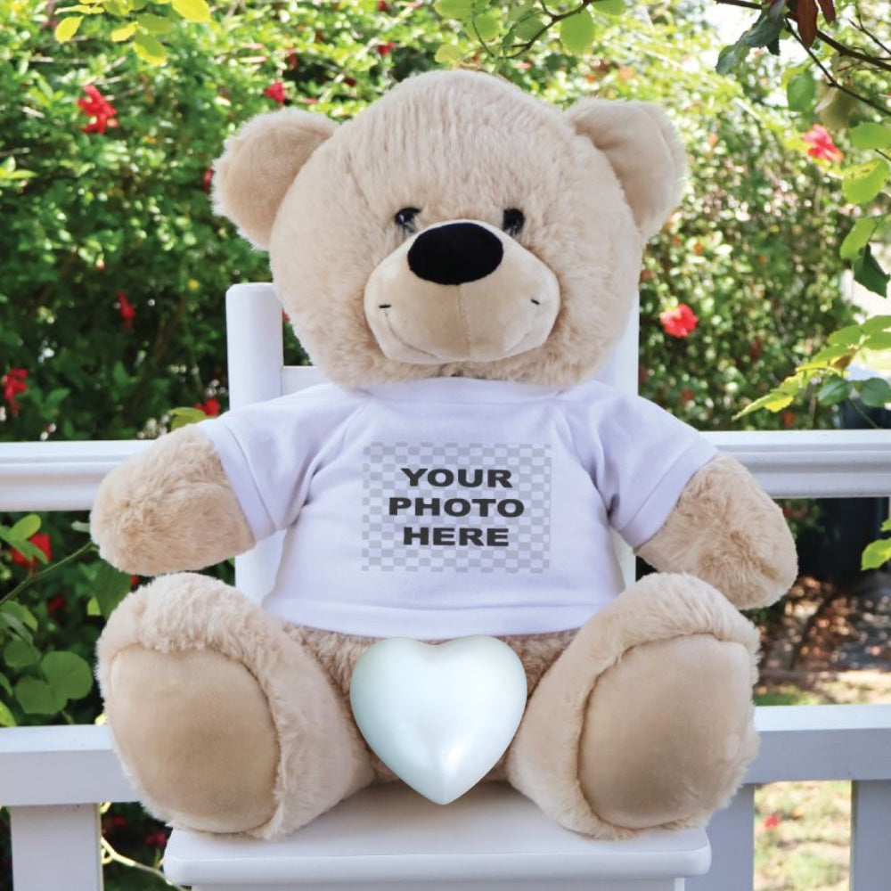 Memorial 40cm Zipper Bear with White Urn and Personalised Photo Shirt