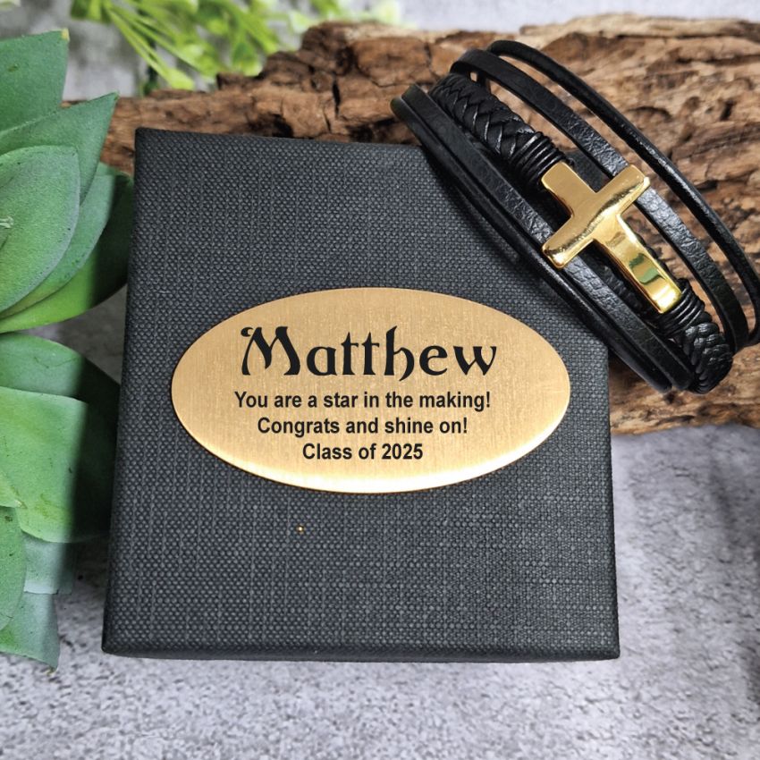 Graduation Gift Gold Cross Stacked Bracelet Gift Box with Plaque