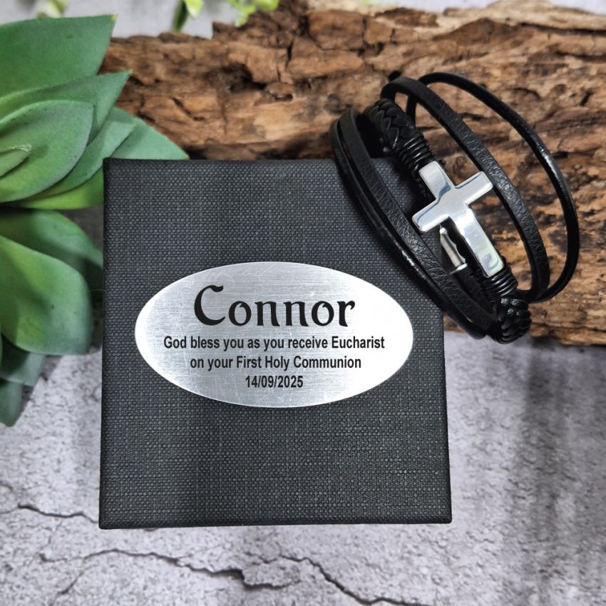 Holy Communion Silver Cross Stacked Bracelet Gift Box with Plaque