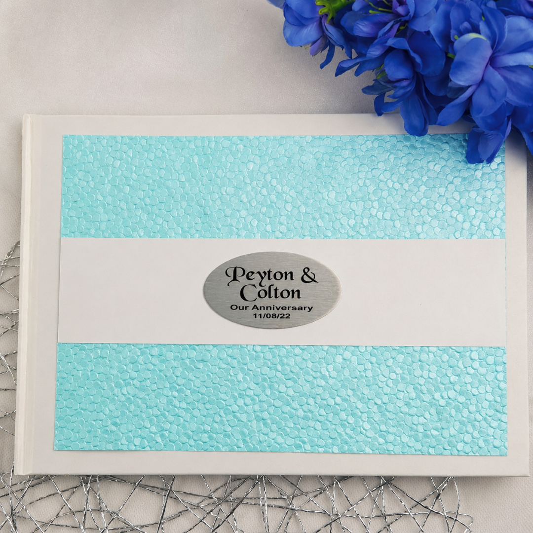 Personalised Anniversary White & Blue Pebble Guest Book with Custom Plaque