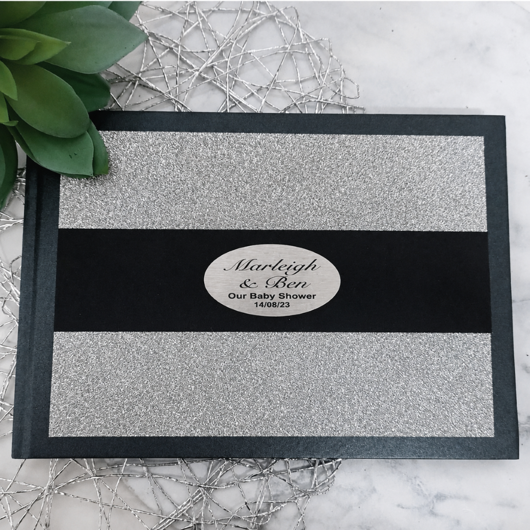 Baby Shower Personalised Black & Silver Glitter Guest Book with Custom Plaque