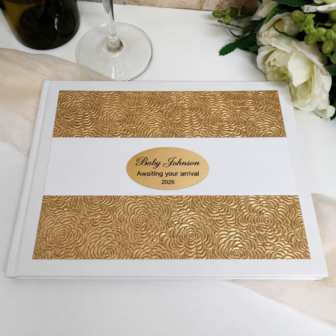 Baby Shower Personalised White Gold Embossed Guest Book with Custom Plaque