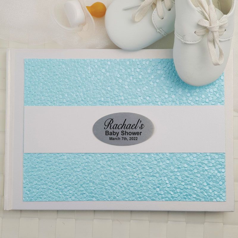 Personalised Baby Shower White & Blue Pebble Guest Book with Custom Plaque