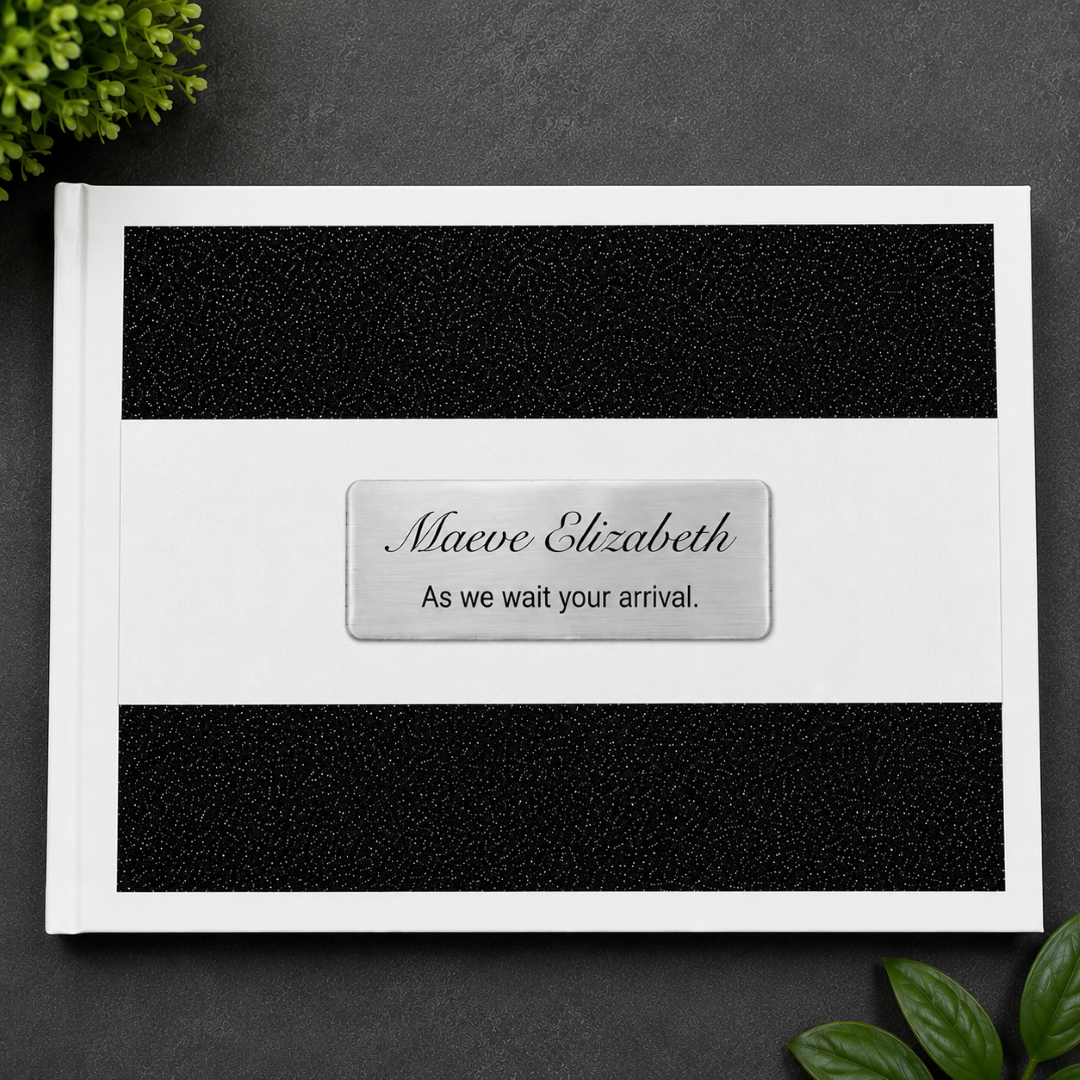 Personalised Baby Shower White Black Glitter Guest Book with Custom Plaque