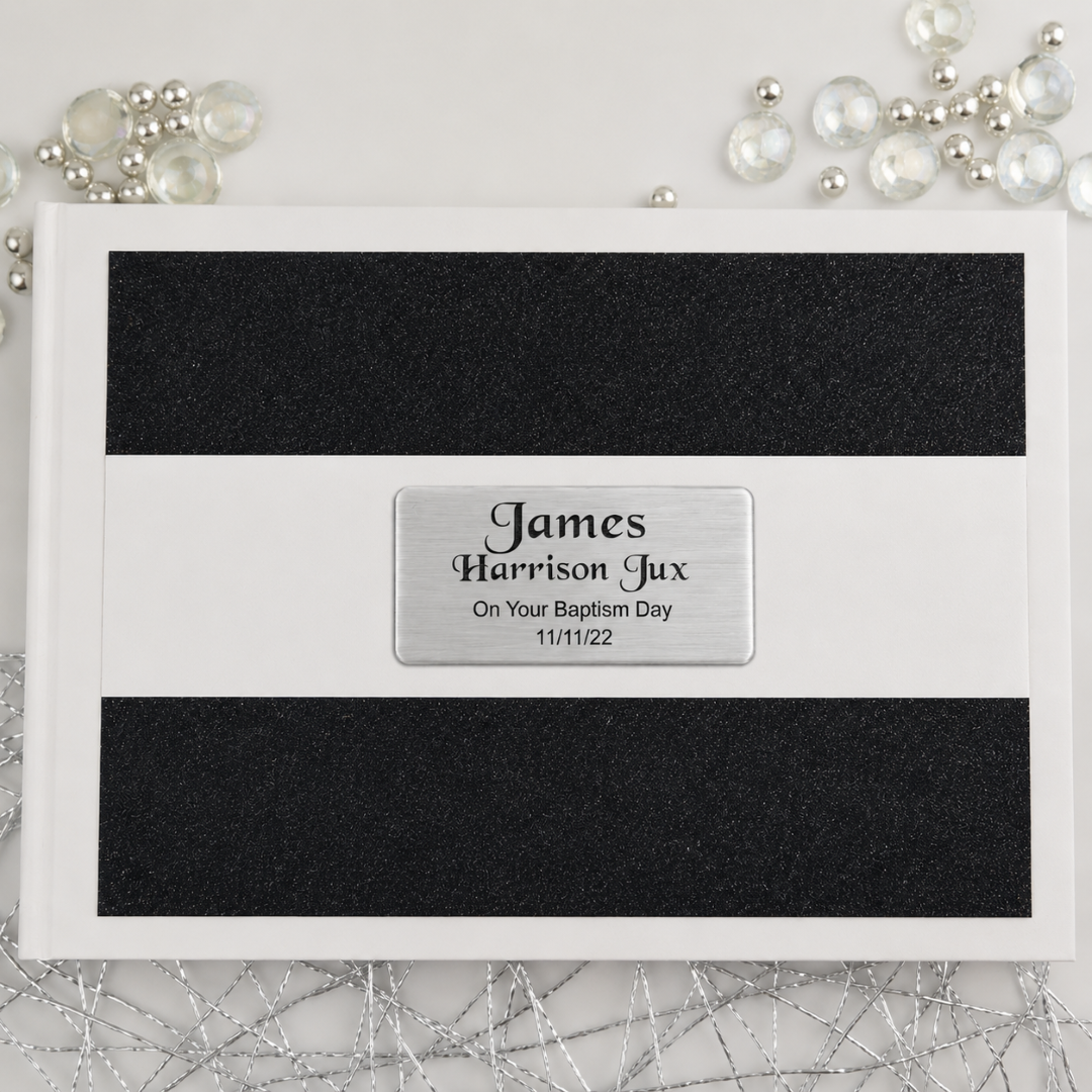 Personalised Baptism White Black Glitter Guest Book with Custom Plaque