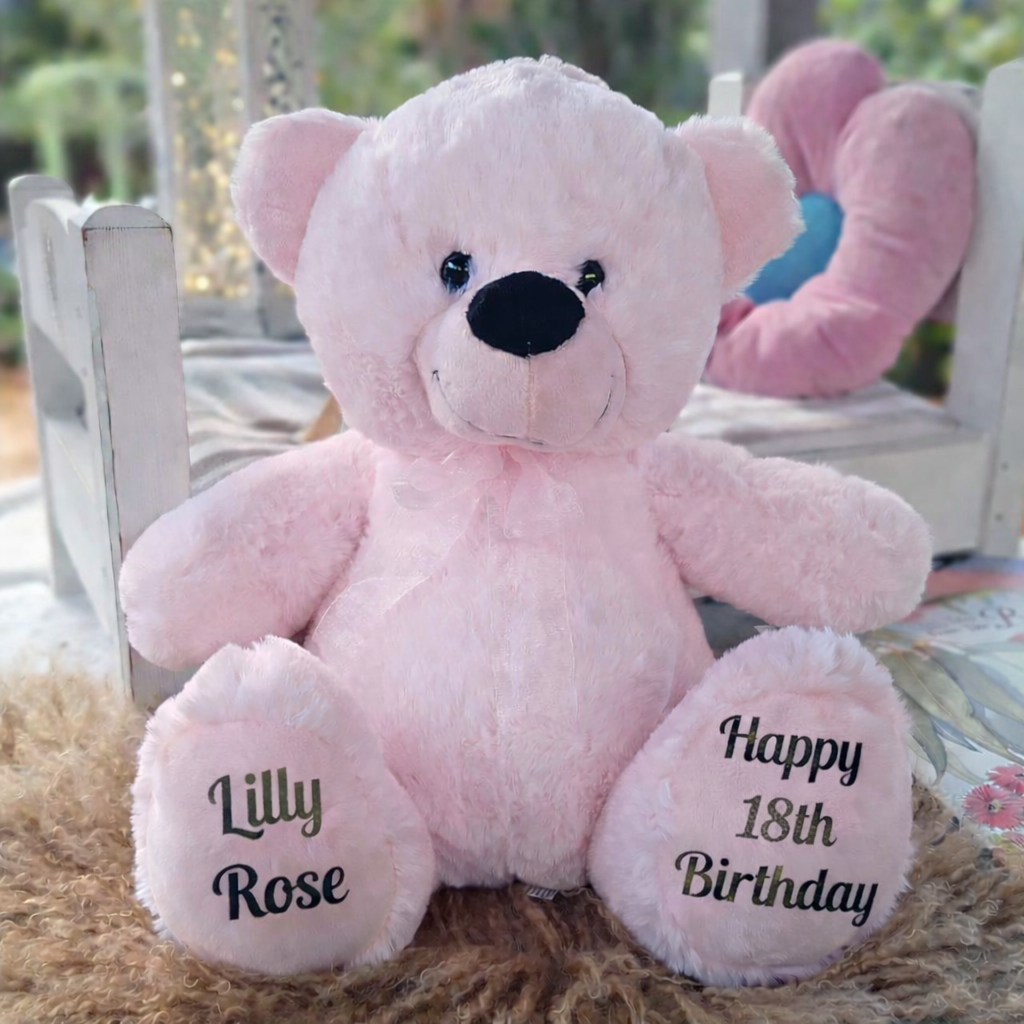 Light Pink Bear 30cm – 18th Birthday Personalised Message on Feet
