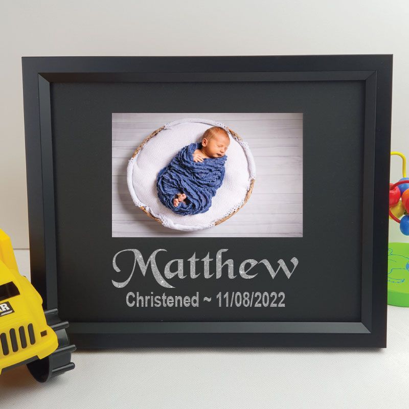 Personalised christening 6x4 landscape black photo frame with glitter vinyl message – image 2