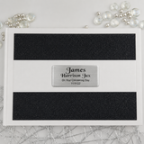 Personalised Christening White Black Glitter Guest Book with Custom Plaque