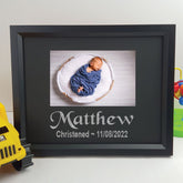 Personalised christening 6x4 landscape black photo frame with glitter vinyl message – image 1