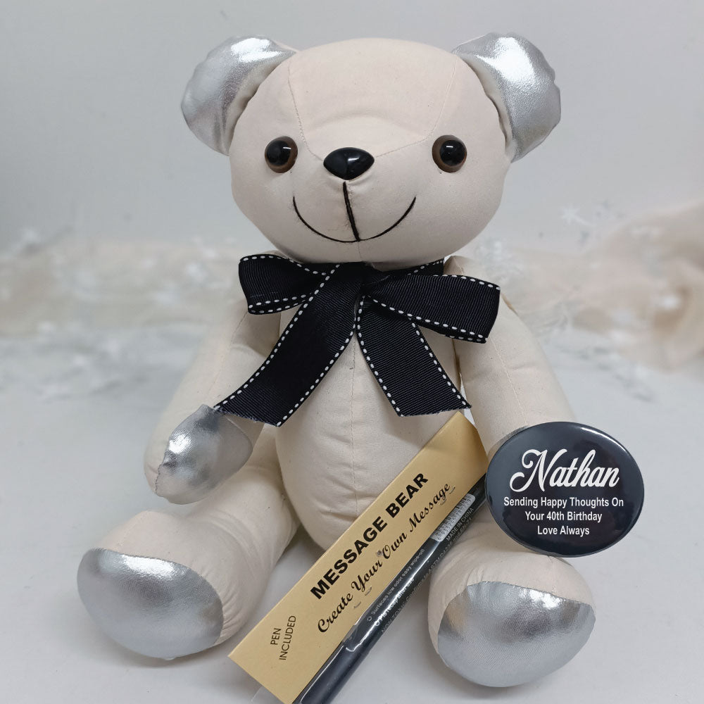 Signature Bear 40th Birthday with Personalised Badge Silver Ears and Black Bow