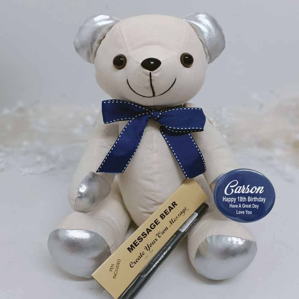 18th Birthday Signature Bear with Silver Ears and Blue Bow