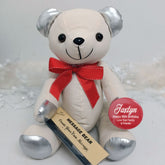 Personalised 90th Birthday Signature Bear Silver Ears Red Bow