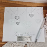 Personalised Guest Book White with Silver Hearts 21st Birthday 22x19.5cm