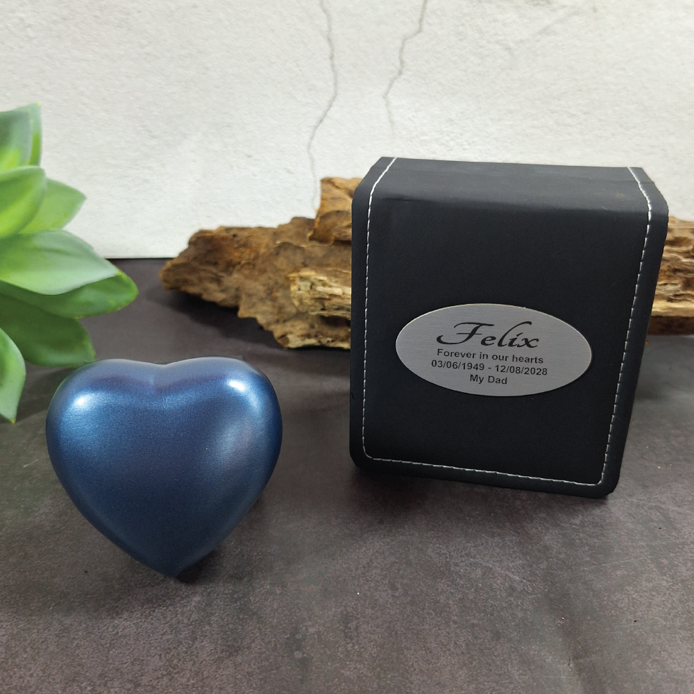 Memorial Heart Blue Urn 70mm with Personalised Plaque