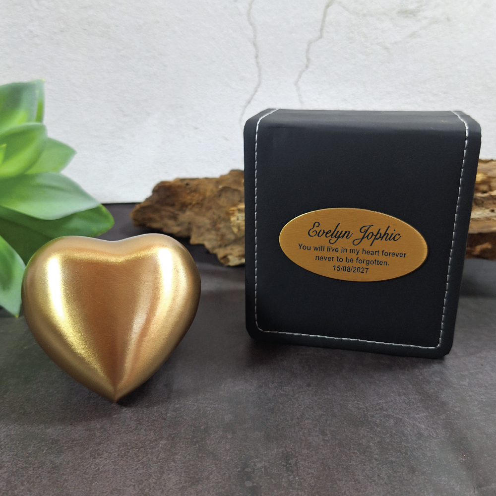 Memorial Heart Gold Urn 70mm Gold Gift Box with Plaque