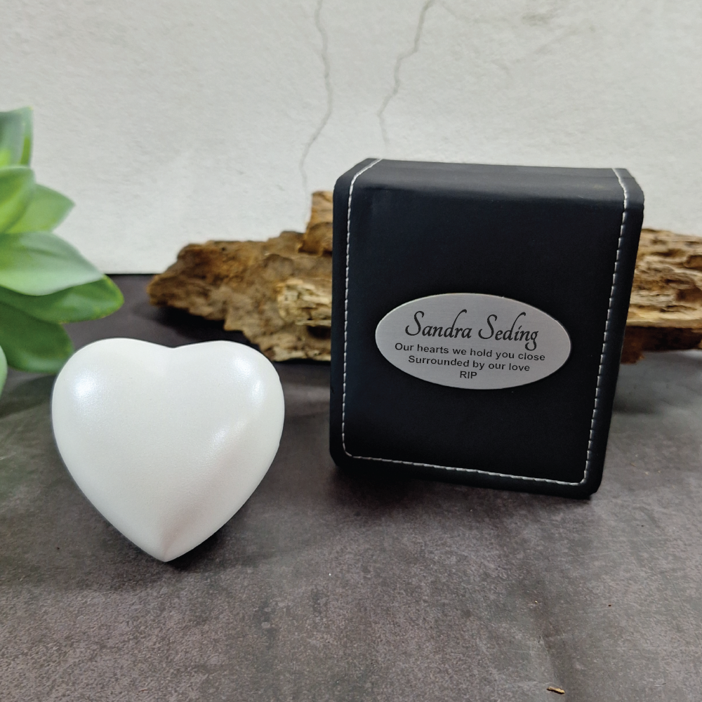 Memorial Heart White Urn 70mm Cremation Urn Personalised Plaque