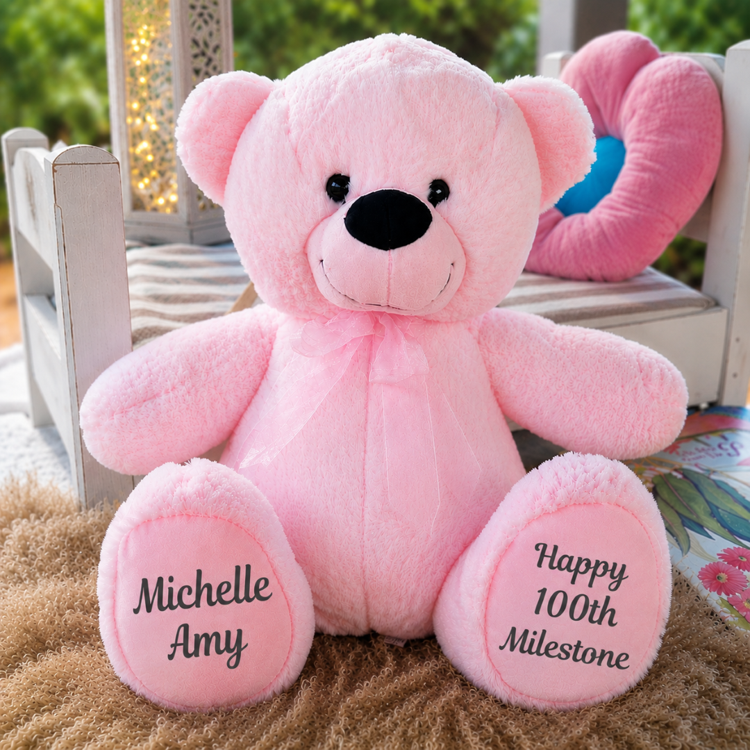 Light Pink Bear 40cm – 100th Birthday Personalised Message on Feet