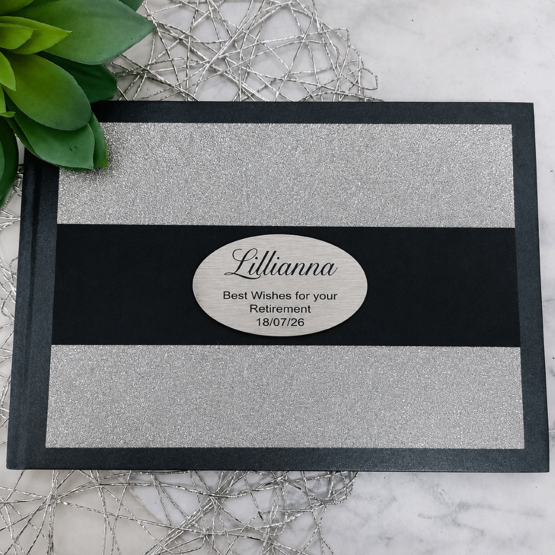 Retirement Personalised Black & Silver Glitter Guest Book with Custom Plaque