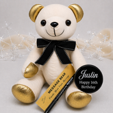 Personalised Signature Bear Gold Ears and Feet/Black Bow 16th Birthday Badge