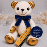 Signature Bear Gold Accents/Blue Bow 60th Birthday Personalised Badge
